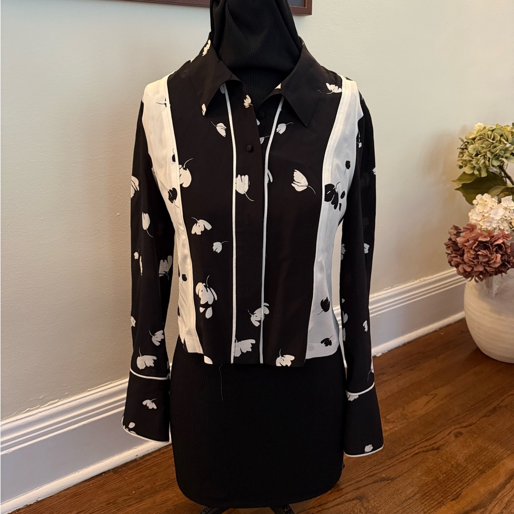 INTERMIX Black and White Floral Button-Up Blouse
